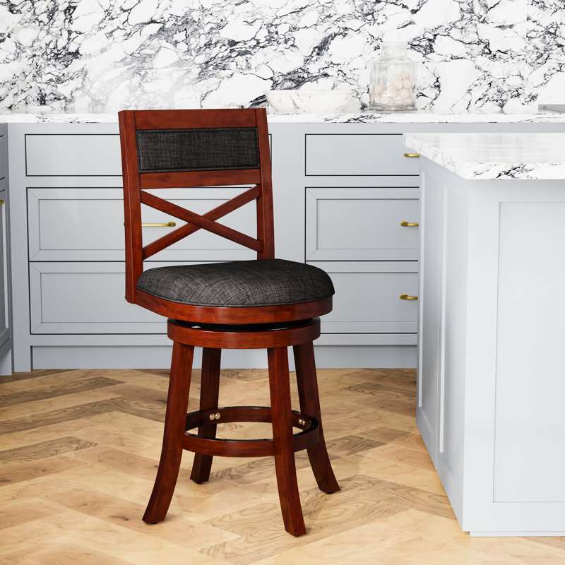 Tabouret pivotant de 24 po de hauteur comptoir, finition cerisier, finition attrayante en tissu gris anthracite. Siège. Fabrication. Fonction à 360 degrés. Coussin en mousse épaisse. Pieds évasés pour plus de stabilité