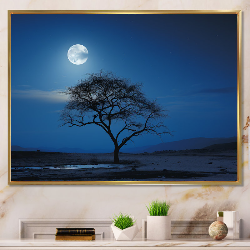 Bleu au clair de lune, arbre, désert - art mural arbre, Cadre flottant doré, H 16 po x l 32 po x P 1 po