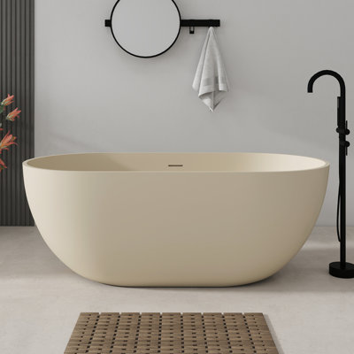 Baignoire autoportante de 150 cm (59 po) en résine de pierre à surface solide avec trop-plein et bonde escamotable, couleur lait-café