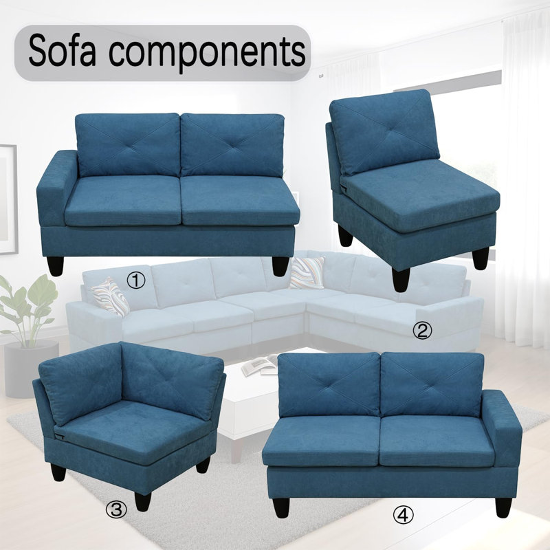 4-piece Calico Sectional Sofa, Lake Blue