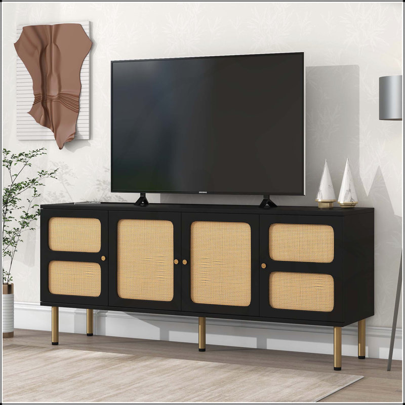 Meuble télé de style bohème avec porte en rotin