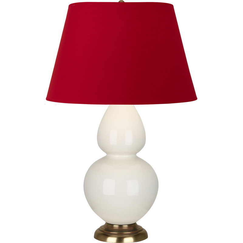 Lampe de table double gourde en céramique, Thé vert / taupe, Os verni / laiton, Laiton