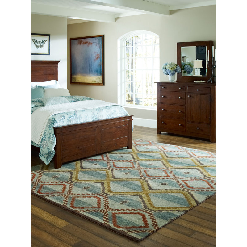 Tapis bleu / beige en laine noué à la main Keddie Southwestern, Rectangle 6 pi x 9 pi