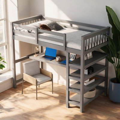 Lit mezzanine double surélevé gris avec supports de rangement et bureau intégré sous le lit
