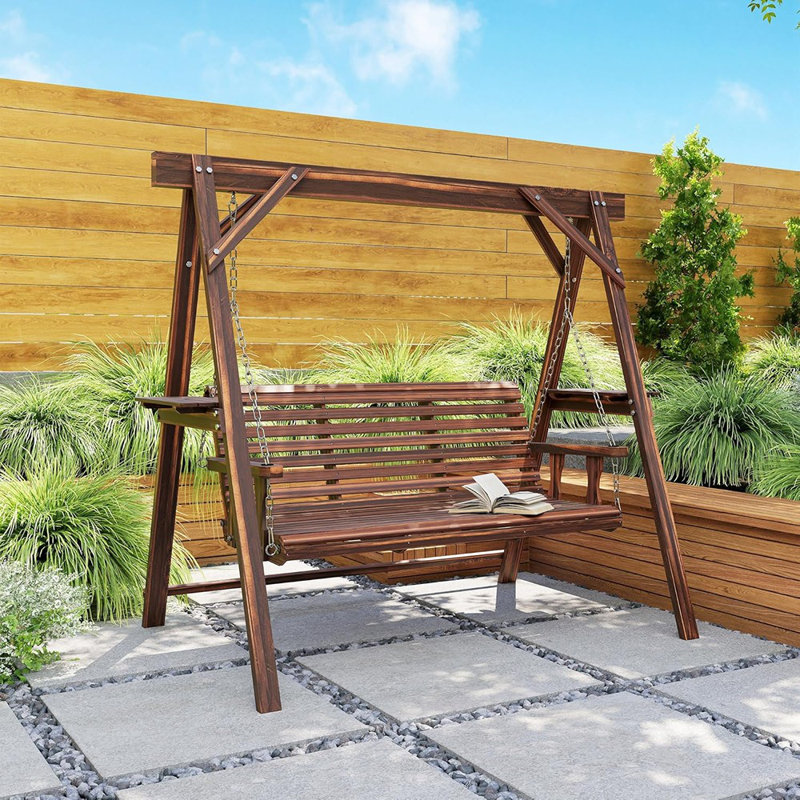 Balancelle en bois 3 places avec support, balancelle de patio avec tables d'appoint et chaînes en métal, banc d'extérieur, brun carbonisé