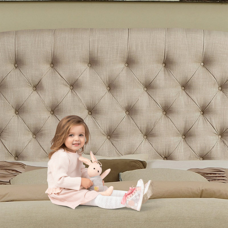 Fabric Upholstered Bed,Tufted Headboard Adjustable Height Bed Frame, Beige, King