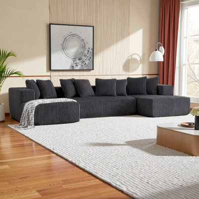 Canapé modulaire de 132 po, canapé de plancher en forme de U moderne avec méridienne double, canapé en velours côtelé confortable, canapé d'angle rembourré pour salon, appartement, noir