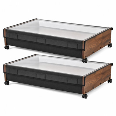 25.6" W Under Bed Storage with Wheels (2-Pack), Metal Frame Rolling Organizer Bin with Clear Top & Lockable Casters for Bedroom Closet
