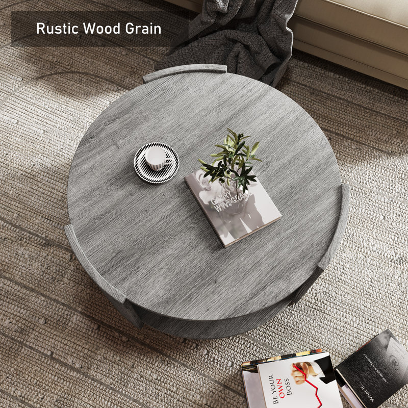 Gray Round Wooden Coffee Table with 2-Tier Storage Shelf