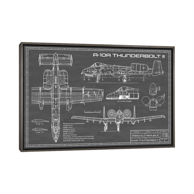 A-10 Thunderbolt II-imprimé de dessin, H 32 po x l 48 po x 1,5 po, Toile encadrée de bois rustique foncé, Pas de tapis