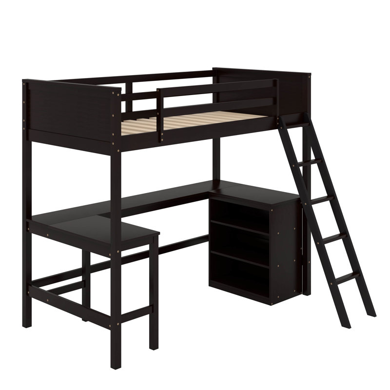 Lit mezzanine simple avec tablettes et bureau, Espresso