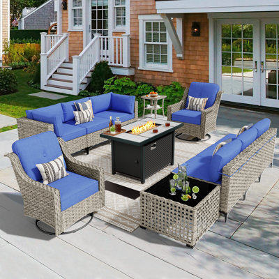8-person  Outdoor Sectional With Cushions,swivel Rockers,led Coffee Table And Fire Pit,all-weather Wicker Patio Set	