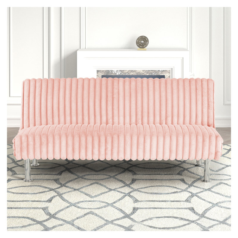 Canapé futon contemporain sans accoudoirs avec fonction de lit convertible, tissu rose et base en métal