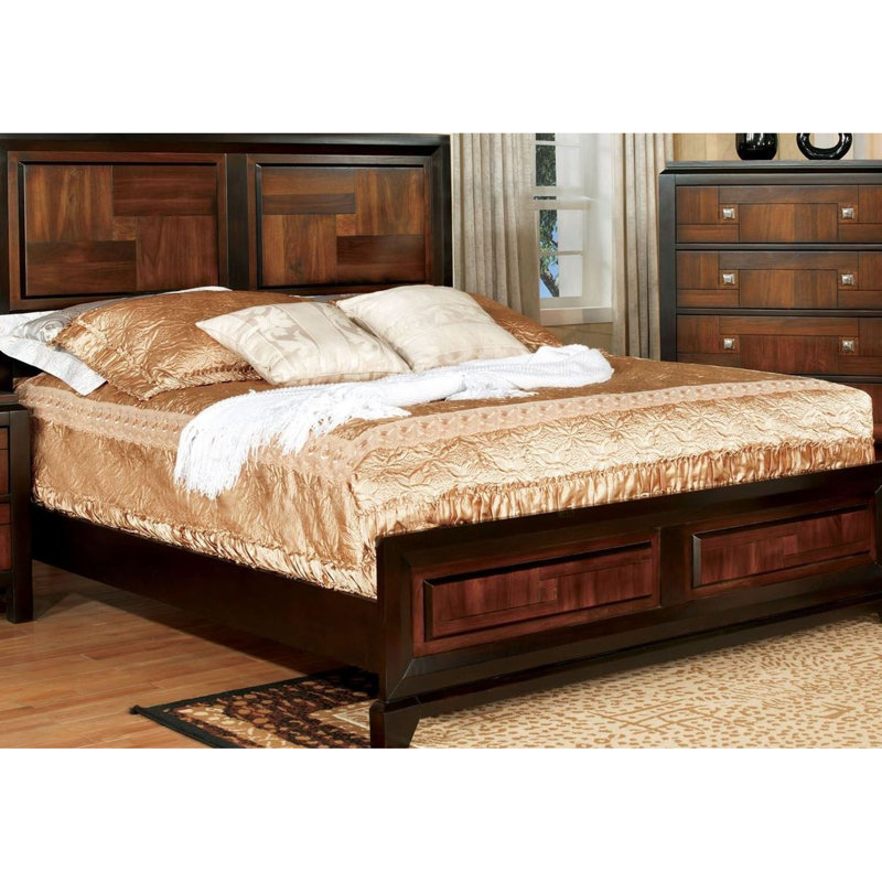Grand lit transitionnel en bois massif / noyer avec tête de lit style Parquet contemporain