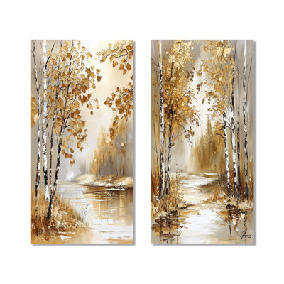 Autumn Birch Trees by the River - Woodland, ensemble de 2 reproductions d'art murales en métal