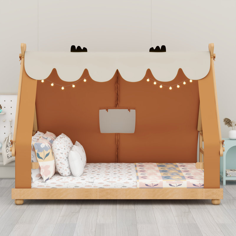 Lit maison avec tente et lumière, Lit double, Brun