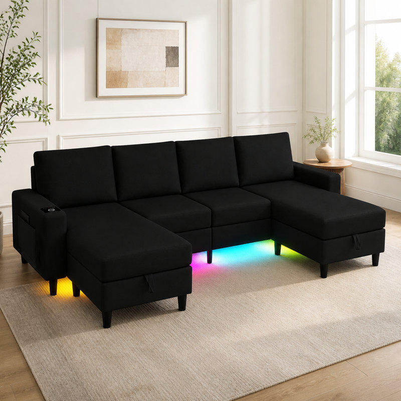 Canapé modulaire en lin 4 places avec module de chargement sans fil intelligent / lumières usb / type-c / rgb (noir), Noir