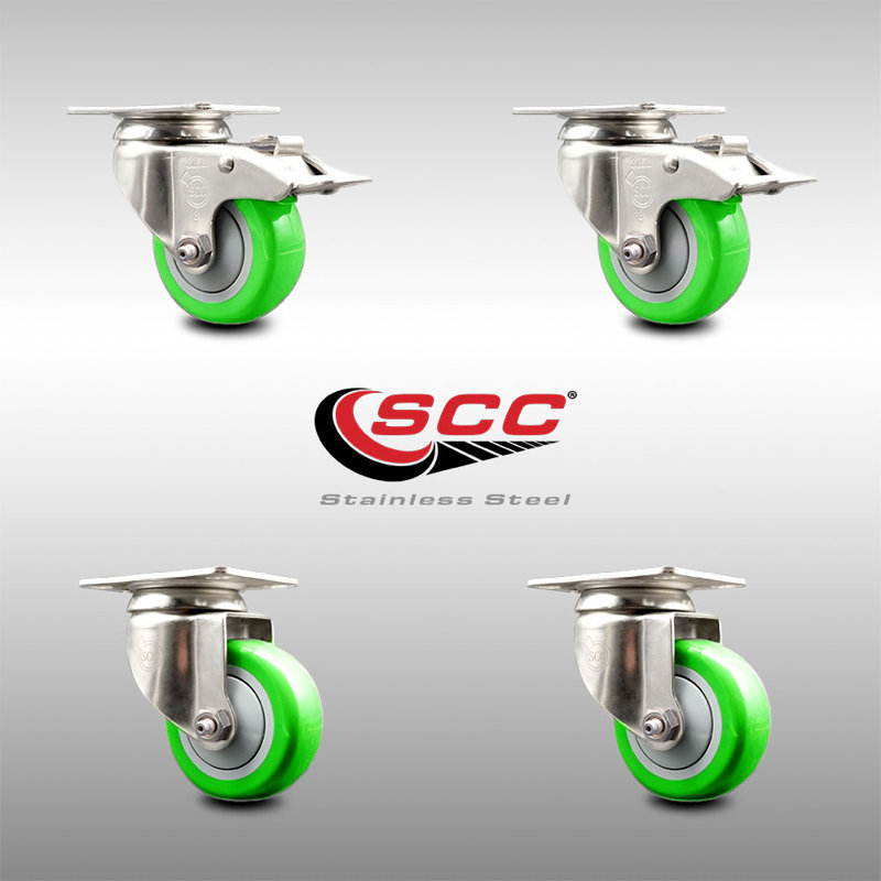 Ensemble de 3 roulettes de 3,5 pouces en polyuréthane pivotant avec 3 roulettes, Vert