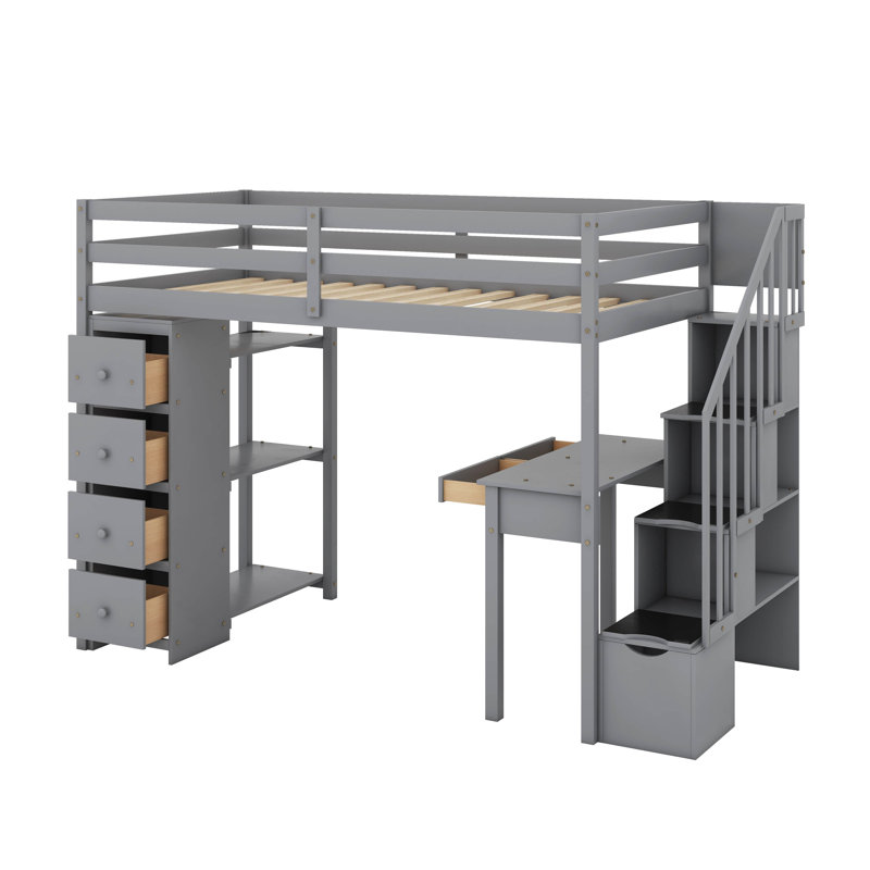 Twin Size Loft Bed With Drawers,Desk,Shelves And Stairs, Gray