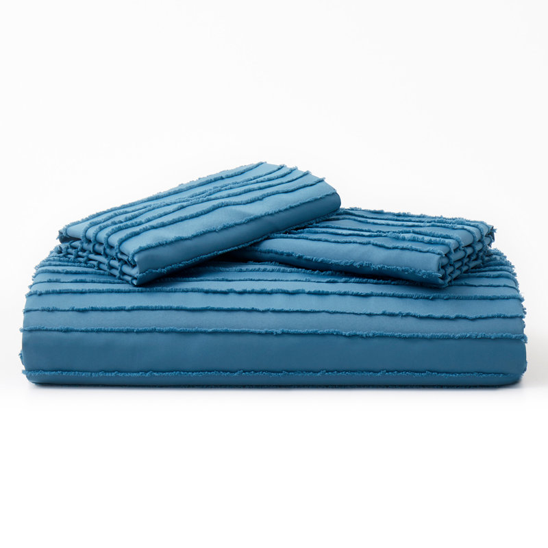 Bohemian Polyester Machine Tufted Duvet Cover, Navy Stripe, King Duvet Cover + 2 King Pillowcases