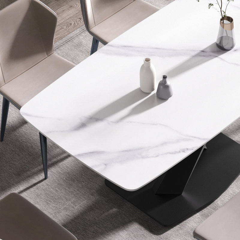 Table de salle à manger moderne 71,95 po en pierre frittée blanche avec pieds en métal noir - convient à 6 à 8 personnes avec structure ferme 6 8