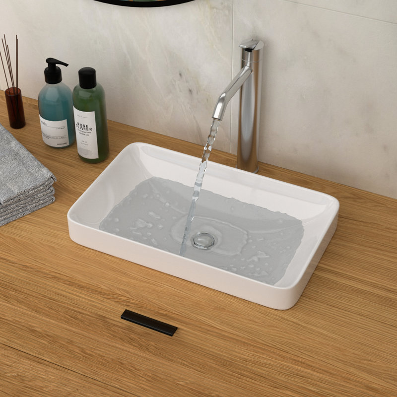 Lavabo pour salle de bain en céramique blanc, 19 po x 12 po, lavabo rectangulaire allongé, ergonomie fonctionnelle, peu d'entretien, forme de bonde standard, facile à nettoyer
