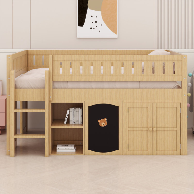 Lit mezzanine avec armoire de rangement et tableau noir, Naturel