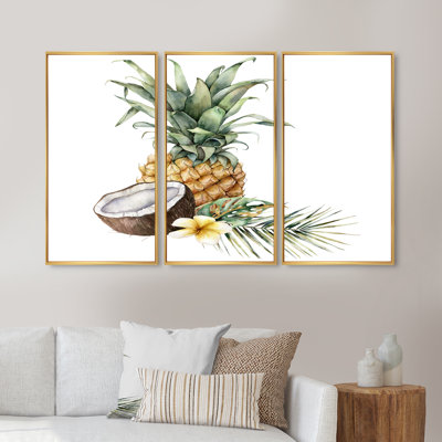 Ananas avec noix de coco, plumeria et feuilles de palmier - peinture sur toile 3 pièces