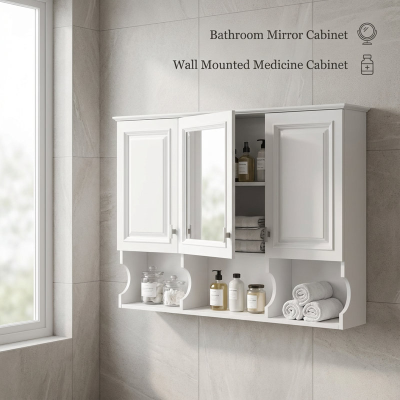 Armoire à pharmacie murale à miroir avec tablettes ouvertes et rangement dissimulé, tablette intérieure réglable pour l'organisation de la salle de bain, de la chambre à coucher ou du vestibule
