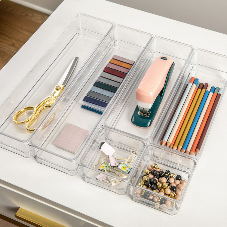 Martha Stewart Miles Plastic Stackable Office Desk Drawer Organizers, Set of 6, Clear