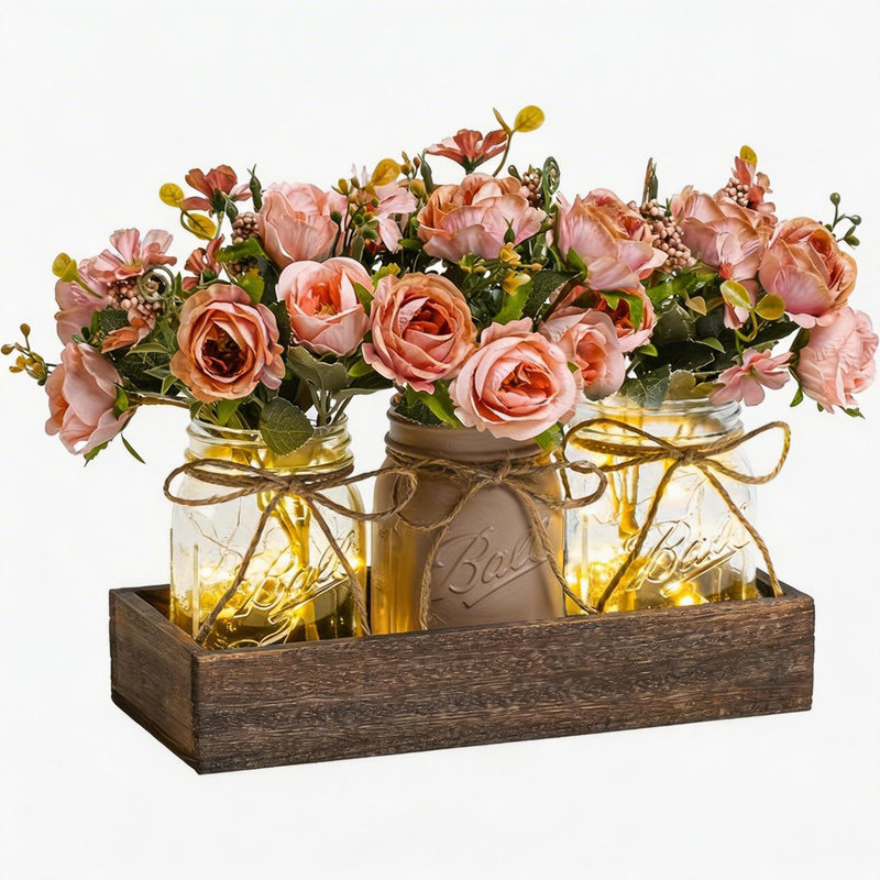 3PCS Mason Jar Centerpiece Table Decorations with Wood Tray LED Lights Farmhouse Dining Table Home Decor