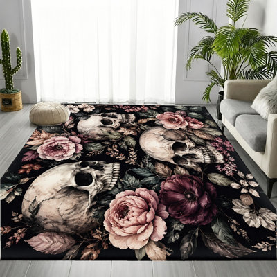 Tapis à motif floral gothique, imprimé rose foncé rétro, design artistique, tapis antidérapant lavable à la machine, décoration intérieure unique pour le salon, la chambre à coucher, le dortoir, un appartement