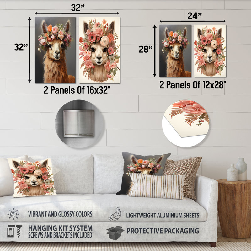 Flower Crown Llama Wonder I - ensemble de 2 décorations murales en métal, H 32 po x l 32 po