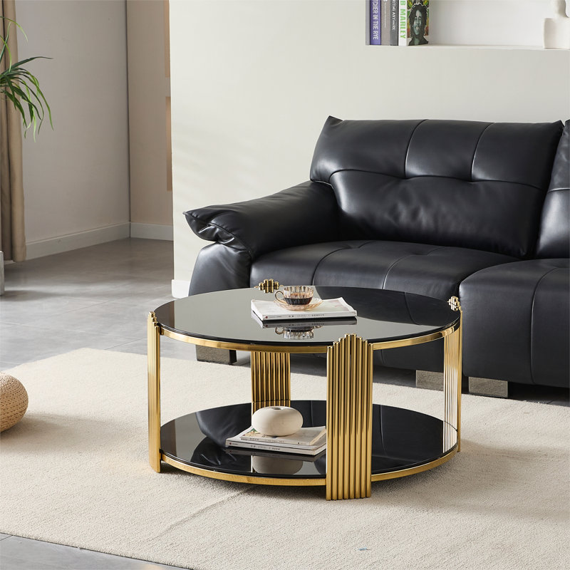Table basse moderne de 35 pouces avec verre trempé double couche et structure en acier inoxydable doré pour le salon