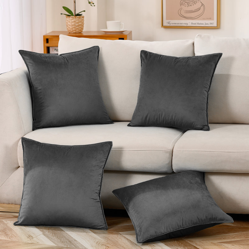 Set Of 4 Throw Velvet Cushion Covers, 18"H x 18"W, Dark Gray