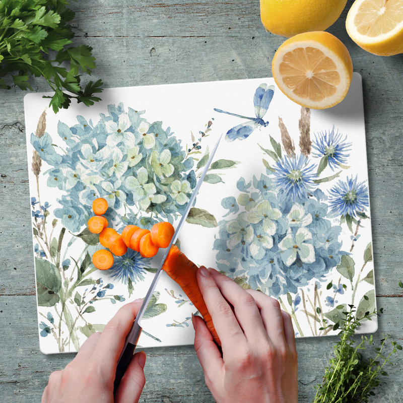 Bohemian Blue Floral Tempered Glass Cutting Board with Non-Slip Feet