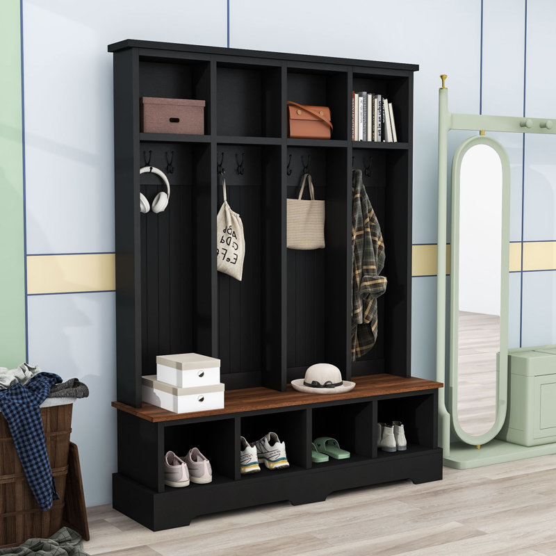 Farmhouse 3-in-1 Hall Tree Bench with Storage Compartments and Vintage Hooks for Entryway, Black