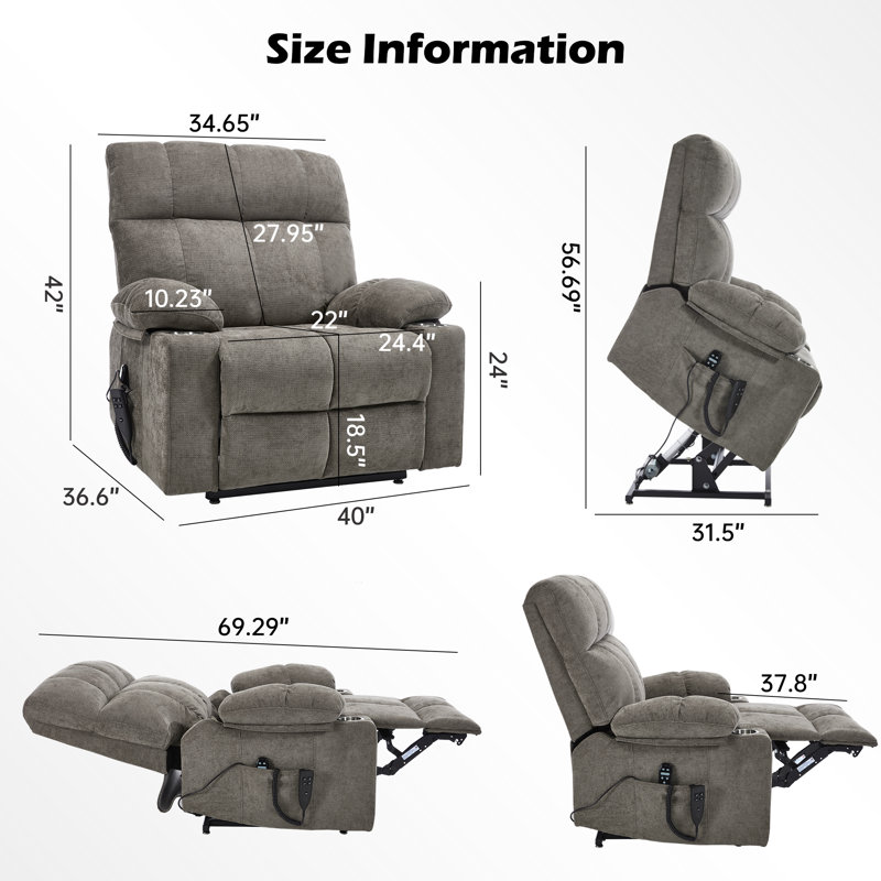 Aura 40" W Dual Motor Power Lift Recliner Oversize Chair With Massage Heating, Dual Cup Holders, Dual Side Pockets