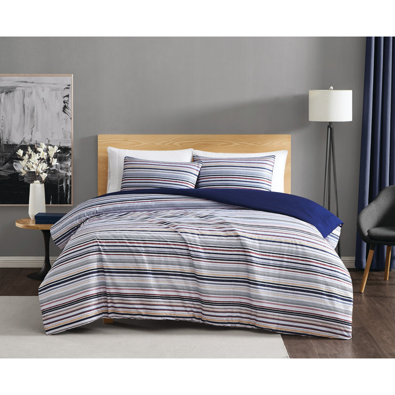 Twin White Microfiber 2-Piece Comforter Set with Striped Shams