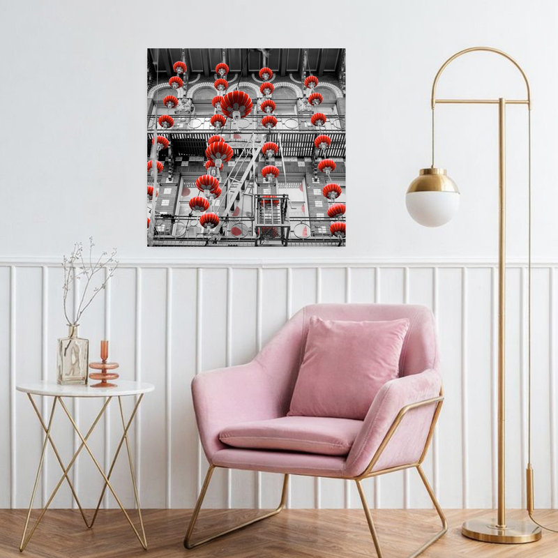 Lanternes rouges, paysage contemporain abstrait, art naturel, H 32 po x l 32 po