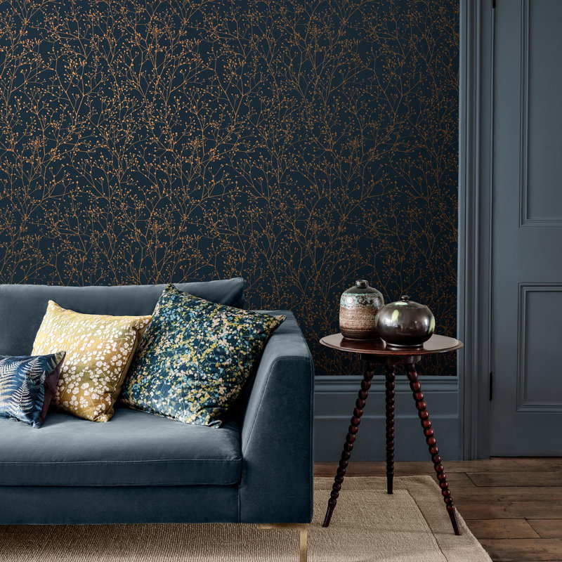 Clarissa Hulse Gypsophila Metallic Floral Wallpaper, Navy Blue/Golden