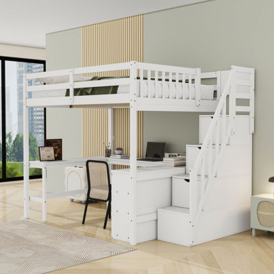 Space-Saving Full-Size Loft Bed With L-Shaped Desk And Ample Storage Shelves,Staircases