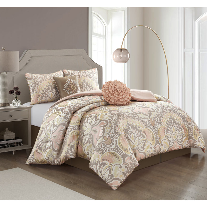 Ensemble d'édredon réversible en microfibre 6 pièces Amelia, Édredon de grande taille et 6 pièces supplément, Rosé