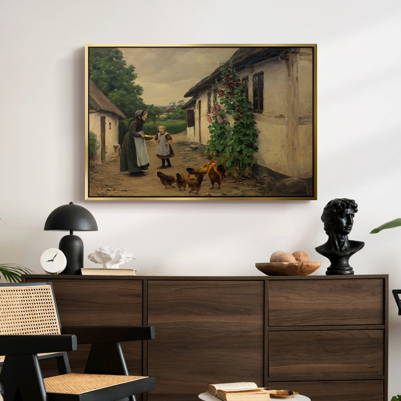 «Visit to grandmother» - Hans Andersen Brendekilde, toile tendue encadrée, 24 po x 36 po, Doré
