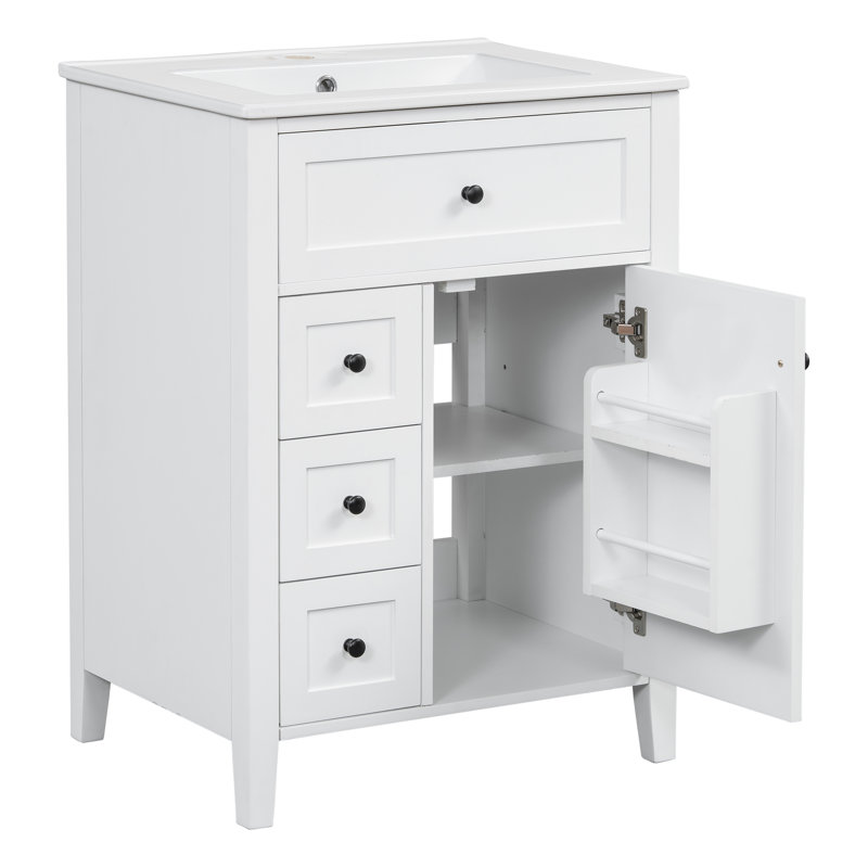 Meuble-lavabo simple 24 po avec lavabo en céramique, 4 tiroirs et armoire avec tablettes réglables, style moderne, Blanc