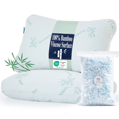 Oreiller de lit naturel rafraîchissant, ensemble de 2 coussins à soufflet réglables pour très grand lit, rembourrage en mousse viscoélastique déchiquetée à la surface en viscose de bambou, fermeté moyenne, idéal pour les dormeurs latéraux et arrières, housse lavable, 20 po x 36 po
