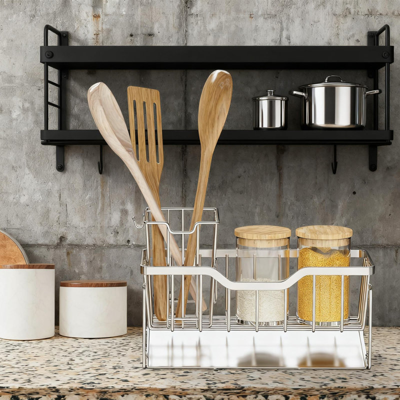 Organisateur d'évier de cuisine avec plateau de drainage, éponge antirouille et porte-brosse, support d'évier antidérapant pour éponges et outils de nettoyage