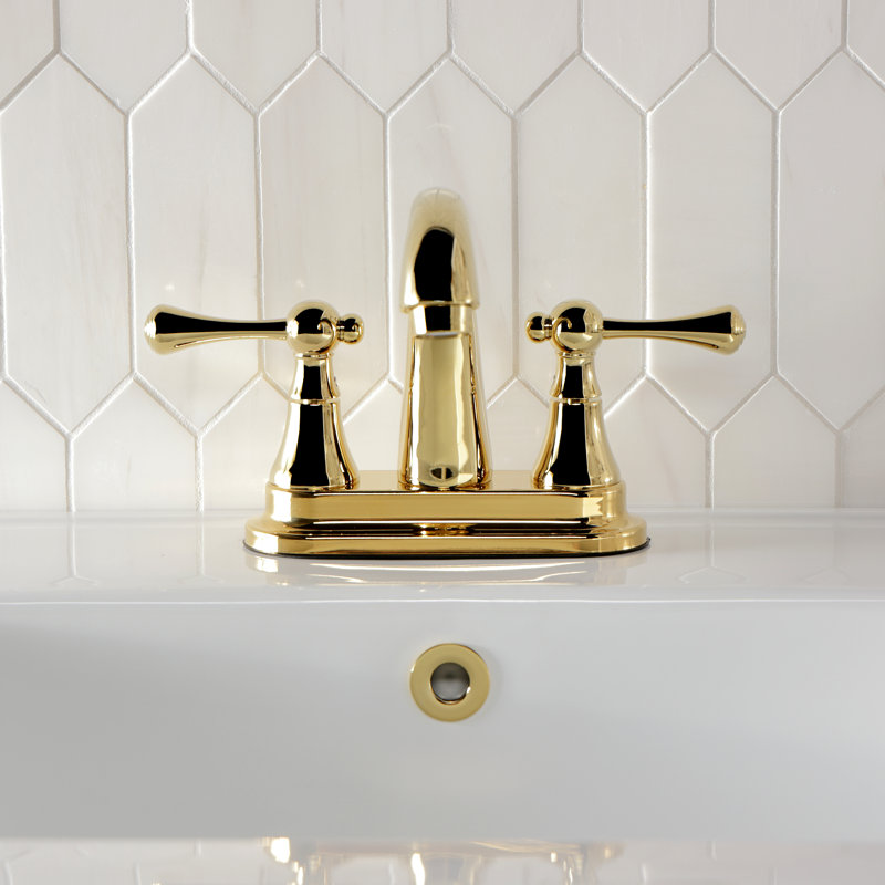 Kingston Brass English Vintage Two-Handle 3-Hole Deck Mount 4" Centerset Bathroom Faucet with Pop-Up, Polished Brass
