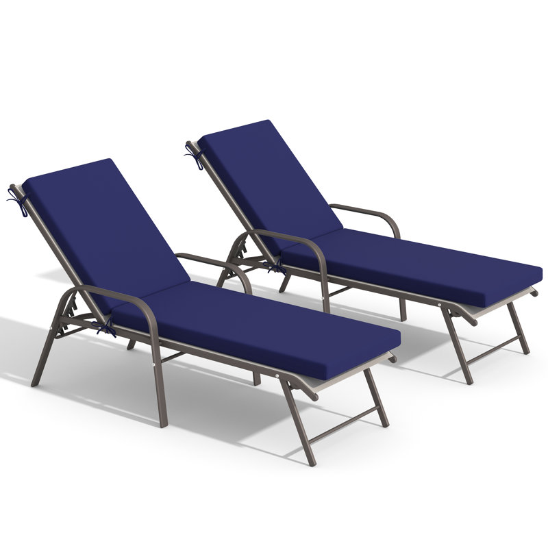 73.9" Aluminum Reclining Patio Chaise Lounge Chairs With Removable Cushions (Set Of 2 ), Navy, Champagne/Gray