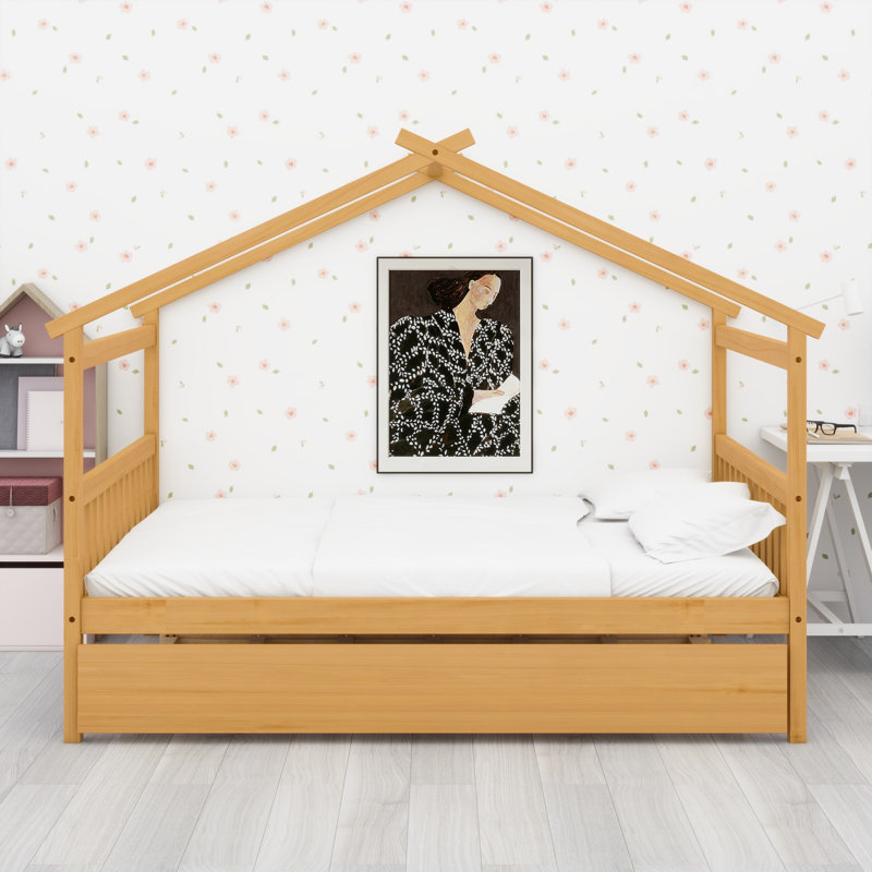 Lit en bois avec lit gigogne simple, Naturel